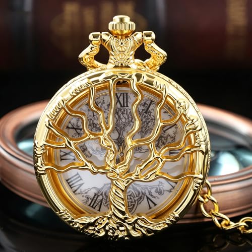 Image of Tiong Pocket Watch Hollow Tree of Life Design Roman Numerals Engraved Bible Verse Quartz Pocket Watch with Chain Custom Pocket Watch Birthday Gifts