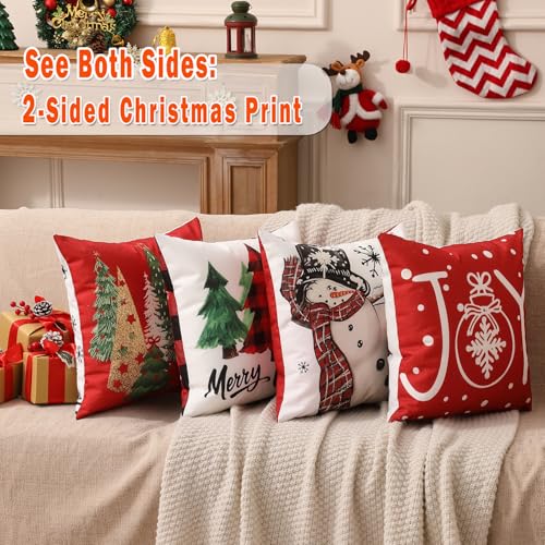 Double-Sided Print Christmas Pillow Covers 20"x20" Set of 4, 8 Cute Christmas Patterns, Tree, Truck, Joy, Merry Christmas, Let It Snow, Snowman Etc, Perfect for Home Decor
