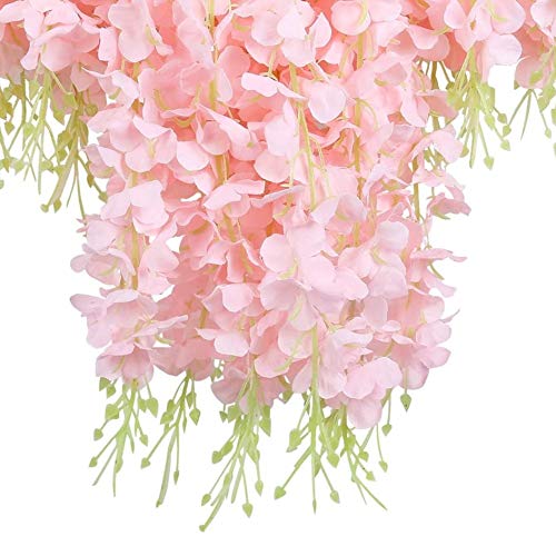 Image of Tdas Artificial Flower Wisteria Hanging Vine for Home Decoration Plants Plastic Flowers Decor Items Decorative Bunch Creepers Garlands Leaves Wedding Room, 110 CM (Light Pink, 6 Pieces)