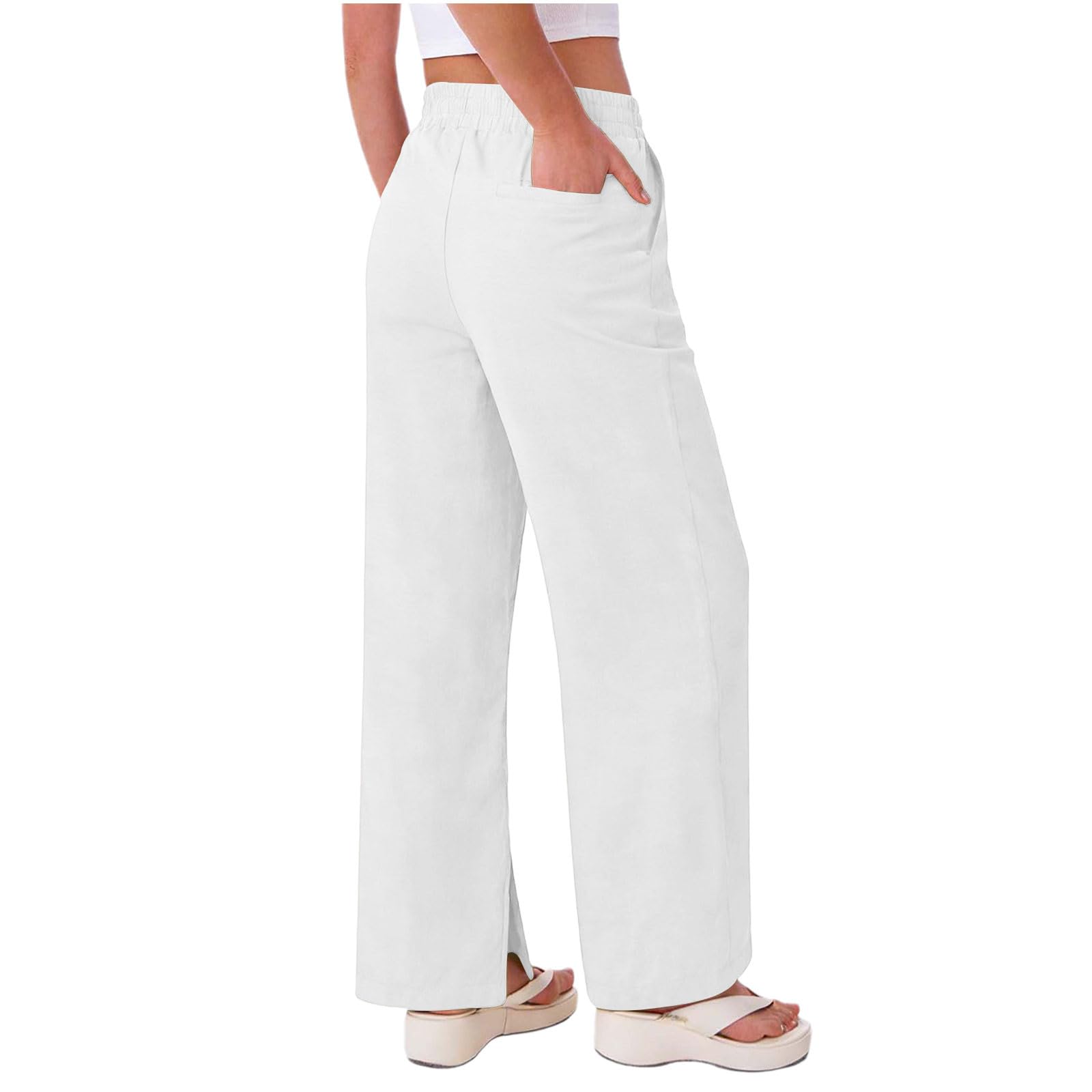 Women's Linen Pants Summer Wide Leg High Waisted Flowy Palazzo Pants Loose Fit Beach Travel Trousers with Pockets - 4
