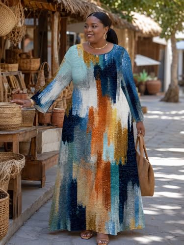 Image of PinkPatty Plus Size Maxi Dress for Curvy Women Crew Neck Long Sleeves Casual Dress Vacation Sundresses with Pockets