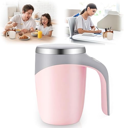Taza de café con agitación magnética automática, taza agitadora de café magnética para leche, taza de café de acero inoxidable con tapa (1, rosa)