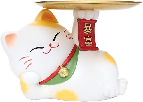 Bandeja decorativa de gato de la suerte, estatua de gato rico, soporte para llaves de entrada, almacenamiento de aperitivos, lindo cuenco de