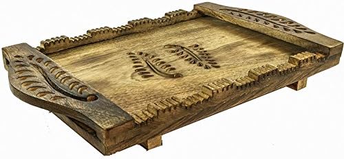 GoCraft Hand Carved 15” Wooden Tray made of mango wood for Serve Ware Kitchen Accessories