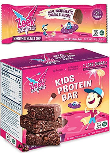ZEEK BAR - Kids Protein Snack Bars - Less Sugar, High Protein Kids Snack Bars - Healthy, Gluten Free Protein Snack Bar for Kids and Teens - Brownie Blast Off, 4 Count