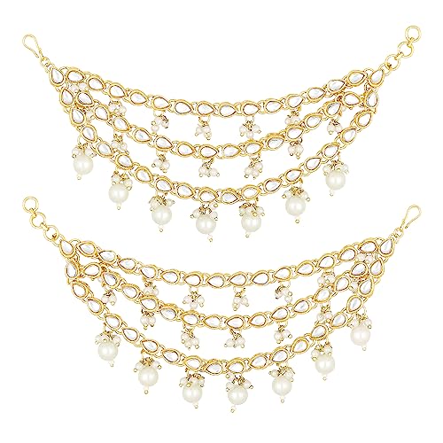 Aheli Gold Plated White Kundan Studded Earrings Chain Ethnic Stylish Fashion Hair Accessories Jewellery Gift for Women