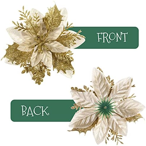 TOYANDONA 12 Pieces Christmas Glitter Poinsettia Artificial Flowers Flowers Decorations with Clips and Stems Glitter Christmas Tree Poinsettia Decorations for Xmas Wedding New Year Party (Gold)