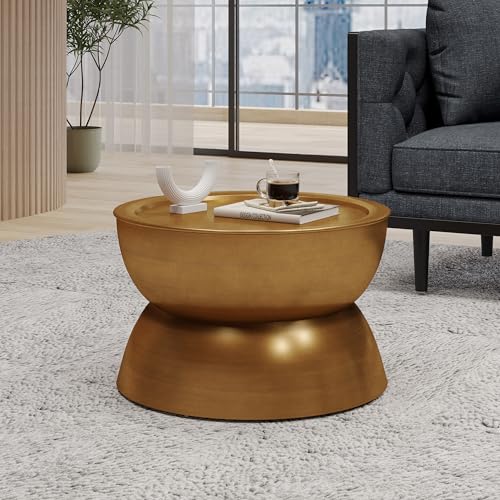 Merax Metal Hammered Coffee Table 24.25 Round Tabletop, Modern Iron Hourglass Coffee Table for Living Room, No Assembly Required, Bear 150lbs, Gold