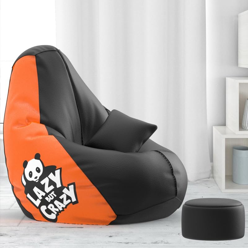 Image of Biggie Bean Bag with Beans Filled 4XL Bean Bag with Free Cushion and Footrest - Official : Nice Nirvana Combo (Matching Color : Printed, Lazy but Crazy - Black Orange)