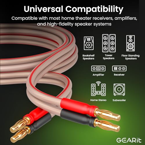 Image of GEARit Speaker Cables with Banana Plugs Pair 9.9 ft,Speaker Wire 14 Gauge OFC with Gold-Plated Tips,Banana Plugs Speaker Cables CL2 Rated for Audiophiles,Hi-Fi Systems,Home Theater,Amplifiers