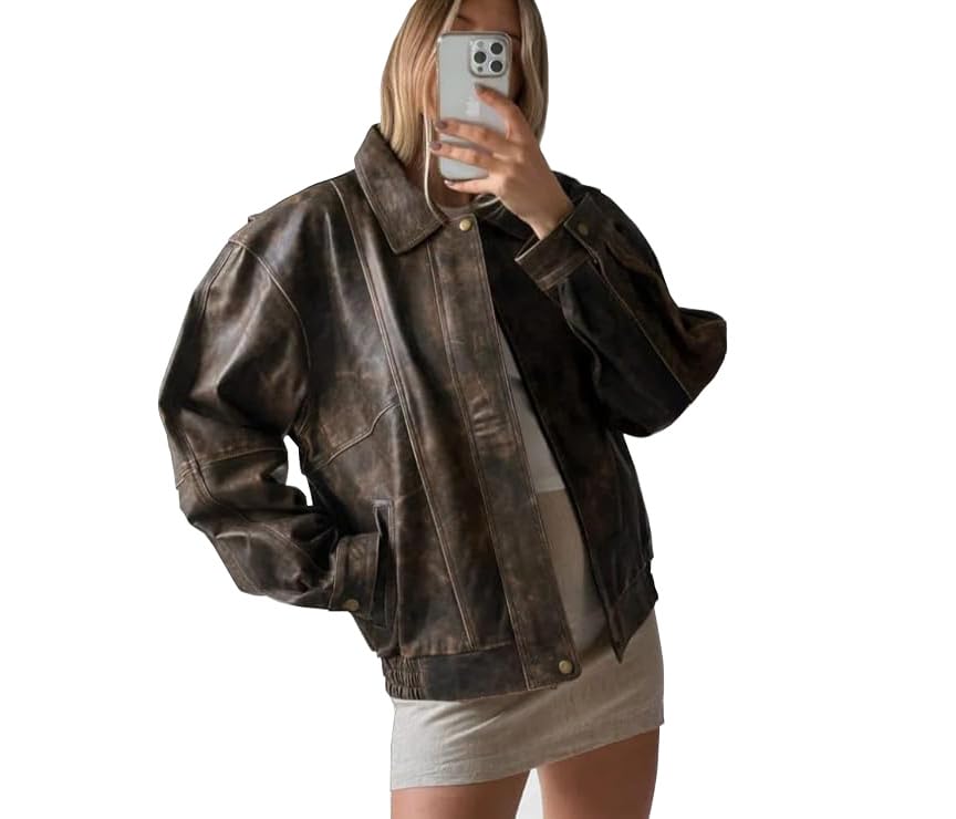 Women 80s Oversize Vintage Style Distressed Brown Lambskin Real Leather Classic Jacket2