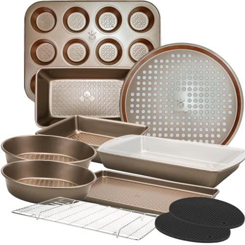 KITCHENATICS Nonstick Bakeware Set, Heavy Duty Professional Kitchen Baking Pan Set Cookie Sheet Set, Cooking Baking Set, Baking Pans, Carbon Steel Bakeware Set, Oven Pan Set – Champagne Gold 12-PC