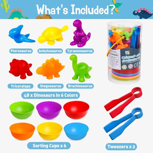 Image of Counting Dinosaurs Game Color Sorting Toys with Bowls Montessori STEM Sensory Training Early Educational Preschool Learning Toy Gift for Toddlers Kids Ages 3 4 5 6 (Dinosaurs)