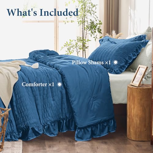 Image of JOLLYVOGUE Teal Twin Size Comforter Set, 2 Pieces Seersucker Lightweight Fluffy Bedding Set, Twin Ruffle Comforter, All Season Soft Microfiber Shabby Chic Bed Set