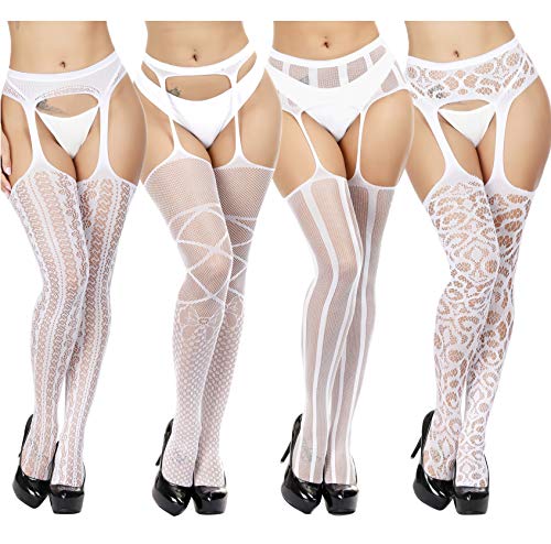 TGD Fishnet Stockings Tights Sexy Suspender Pantyhose for Women Thigh High Stocking Colors 4 Pairs