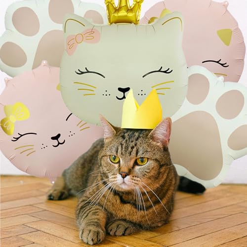Image of 5Pcs Cat Head Foil Balloon | Cute Crown Kitten,Kitty Paw,Birthday Party Supplies(Cream White,Pink)