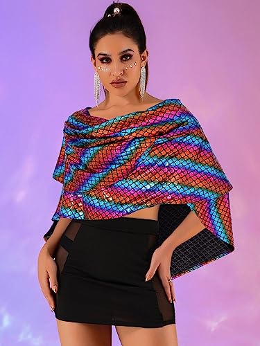 JAKAWIN Women’s Wraps and Shawls Fish Scale Pashmina Scarf Poncho Cape With Button Costume Party Wrap Cover Up3