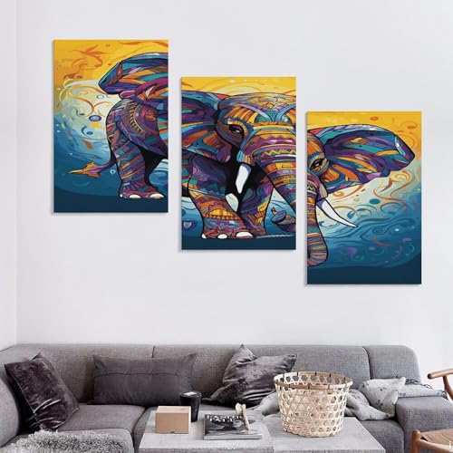 Tableau éléphant coloré triptyque vertical, décoration murale de salon
