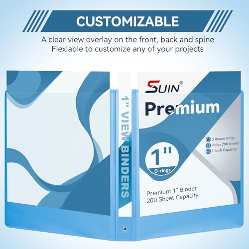 Image of SUIN 1 Inch 3 Ring Binder, Clear 1'' View Presentation Binders with 2 Pockets, Fits 8.5 x 11 Letter Size, Durable Polypropylene, Non-Stick & PVC-Free for School, Office & Home (Aqua Blue)