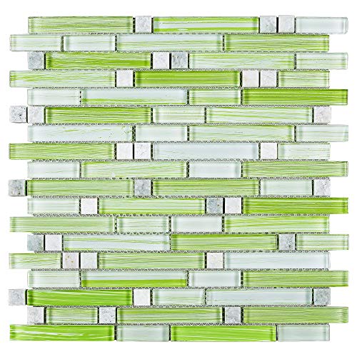 TNLQG-04 Apple Green Glass Stripe Floral Mosaic Tile - Kitchen