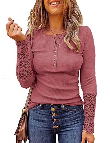 Image of Kancystore Women's Fall Long Sleeve Tops Lace V Neck Button Down Henley Shirts Tunic Blouses