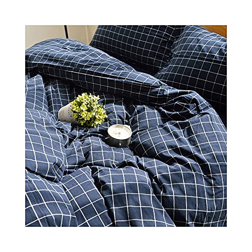 Image of F.Y.Dreams 100% Washed Cotton Duvet Cover for Weighted Blanket 60x80 inches with 16 Ties, Zipper on Long Side /Navy Grid /Just Duvet Cover