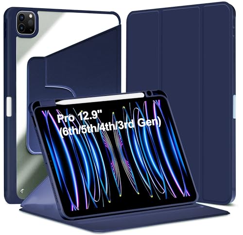 Image of TGK Rotating Case for iPad Pro 12.9 inch (2022 /2021 /2020 /2018, 6th /5th /4th /3rd Gen) with Pencil Holder 360 Degree Rotation Protective Trifold Stand Cover Clear Back (Dark Blue)