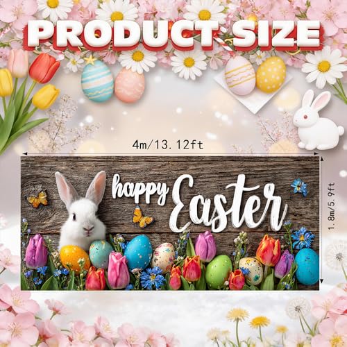Image of Easter Garage Door Cover 157.48 x 70.87 Inch White Bunny Colorful Eggs Rustic Wood Background Spring Flowers Vibrant Outdoor Garage Decor Easter Celebration Family Gathering Seasonal Yard Display