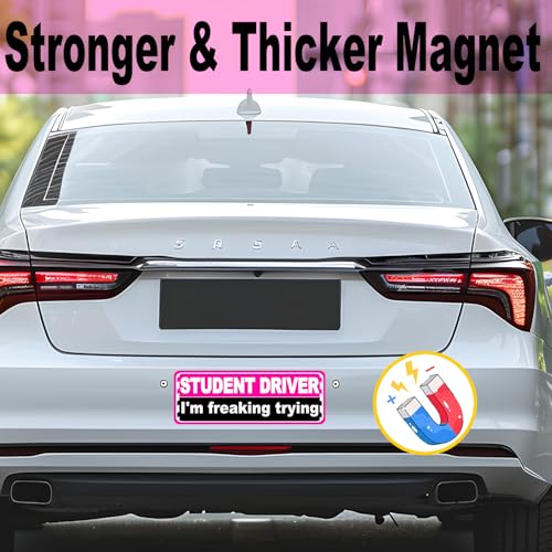 Image of Pink Student Driver Magnet for Car, Cute New Driver Magnetic Vehicle Sign, Reflective Safety Warning Sticker Magnet Sign for Girl, 10 inch x 3.5 inch (Pink- 2 Pack)