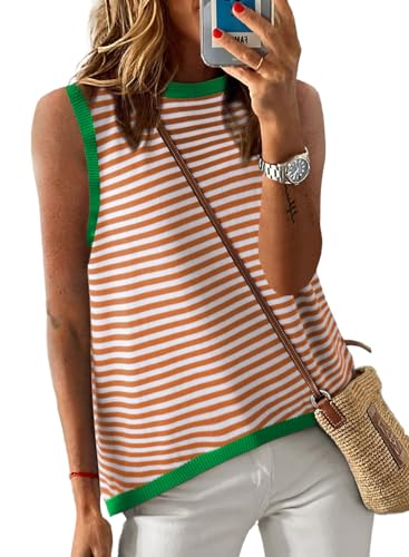 Image of Dokotoo Womens Summer Tops 2026 Casual Striped Color Block High Neck Tank Top Loose Knit High Low Sleeveless Shirts Blouses