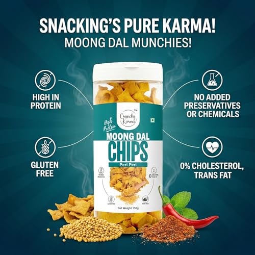 Image of CRUNCHY KARMA Moong Dal Chips Peri Peri Flavor | High Protein Healthy Snacks | Baked Gluten Free Chips | High Fiber & Low Cholesterol Snack | Crispy Indian Spicy Chips for Kids & Adults | 150g