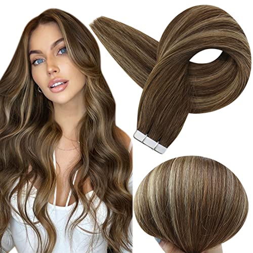 Full Shine Tape in Hair Extensions 12 Inch Straight Brazilian Hair Extensions Color 3 Fading to 8 Highlighted with 22 Blonde Seamless Skin Weft Hair Extensions 30 Gram Soft Short Hair