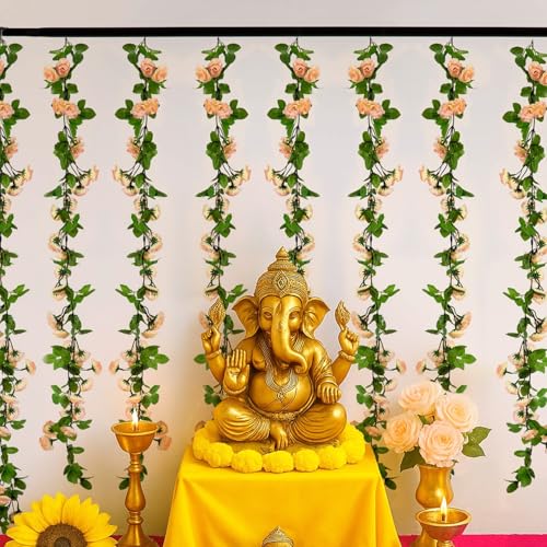 Image of TIED RIBBONS Pack of 2 Artificial Flower Vine Garland Creeper 69 Small Rose (183 cm) Garland for Decoration Wall Door Hanging Home Decor Balcony Office Ganesh Chaturthi Decorative Items (Orange)