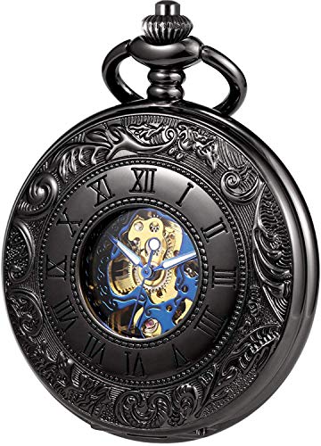 Treeweto Mechanical Personalized Engraved Pocket Watch Skeleton Double Cover Roman Numerals Dial Personalized Gift With Box And Chain For Men Gift For Dad Son #TOP1