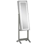 HOMCOM Floor Standing Jewelry Cabinet with LED Light, Lockable Jewelry Organizer with Full-Length Mirror, and 4 Adjustable Angles, Grey