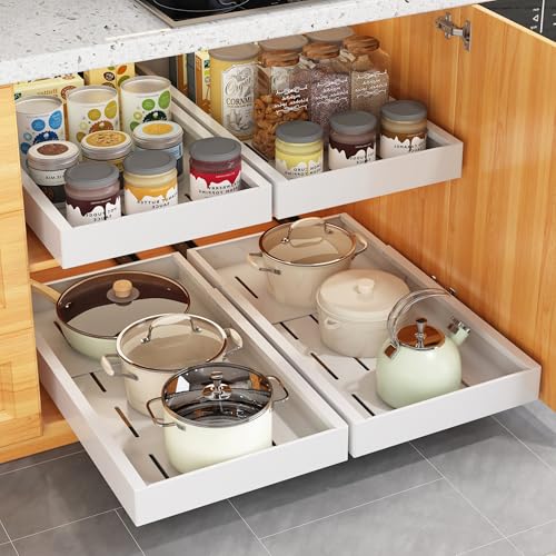 COVAODQ 2 Pack Out Drawer Storage Shelves for Kitchen Cupboard, Heavy Duty Pull out Cabinet Organizer,No Drill and Storage for Kitchen, Cupboards, Pantry(42cm to55cmD*30.5cm W*7cm H -white