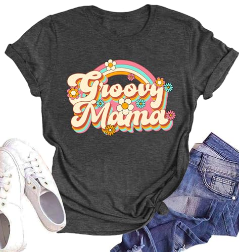 Groovy Mama T Shirt for Women Retro Floral Mom Shirt Trendy Shirt Retro Floral Mom Tee Tops(Grey,Small)