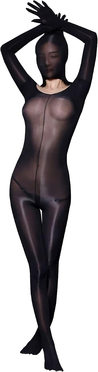 leesuo Women Men 8D Nylon Sheer Full Bodystocking Ultrathin Shiny Glossy Bodysuit Catsuit with 5 Finger Gloves Toes Hood