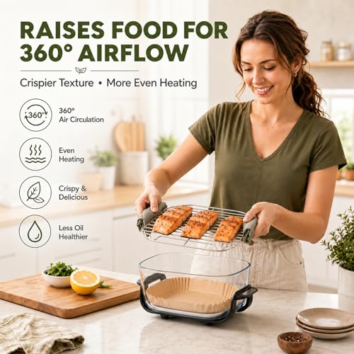 Image of Uniflasy Crisper Rack for Ninja Crispi Air Fryer Accessories FN101ST and Crispi Pro AS101CY, 6QT 4QT 2.5QT 6-Cup Glass Containers SUS304 Stainless Steel Grill Rack with 100pcs Parchment Liners