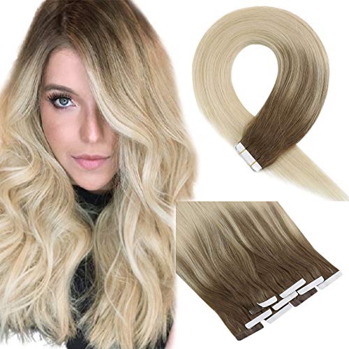 VeSunny Tape in Hair Extensions Blonde Human Hair 16inch Color #8 Light Blonde to #60 Platinum Blonde Balayage Brazilian Human Hair Tape on Extensions 20Pcs/50G