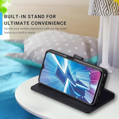 Image of Coverage Dual Colour Joint Canvas Denim Cloth & Vegan Leather Wallet Case Magnetic Flip Cover Compatible for Vivo V2513 / Vivo V60e 5G - Black & Grey