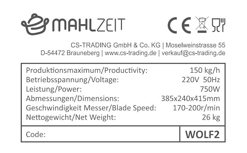 Foto von Mahlzeit Profi Fleischwolf elektrisch aus Edelstahl | 750W – 150 kg/h | Faschiermaschine, Wurstmaschine in Gastro Qualität | Fleischmaschine mit Wurstfüller, Sausage Maker