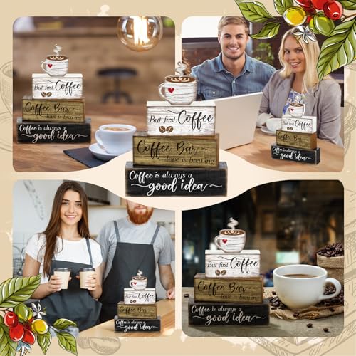 Image of Moucuny 4 Pcs Wooden Coffee Bar Tabletop Decor Coffee Tiered Tray Decor Rustic Wood Bar Sign Gift Farmhouse Table Centerpiece Farmhouse Decorations for Home Kitchen