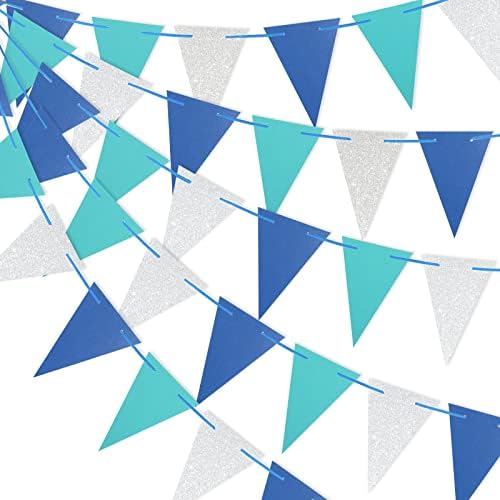 GCQQ 12M Double Sided Glitter Paper Bunting Banner, 60Pcs Gold Silver and Black Bunting Triangle Flags, Glitter Bunting Party Decorations for Birthday, Anniversary, Valentines, Wedding
