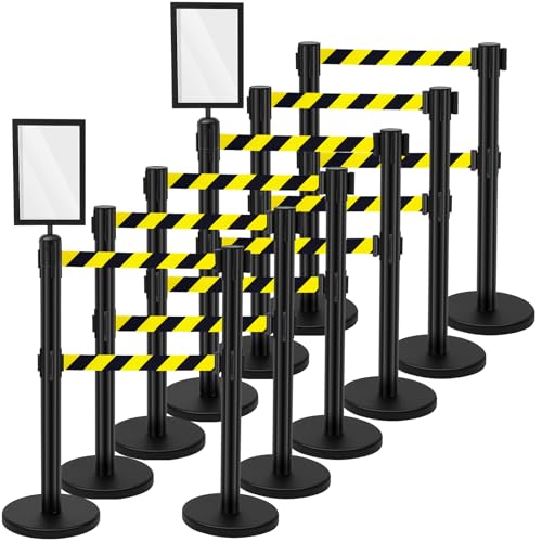 Therwen 12 Pcs Double Retractable Belt Barrier with Stanchion Dual Retractable Safety Belt Heavy Duty Crowd Control Stanchions Stainless Steel Post Holder Safety Barrier Stand (16.4 ft,Black)