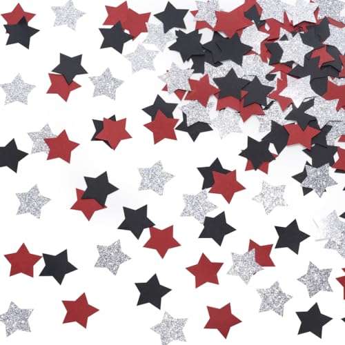 Image of MOWO Red Black and Silver Star Confetti Table Decoration, 1.2'', 200pc | 4th July Independence Day Graduation Retirement Patriotic Theme Party, 1.2 inch in Diameter, 200 Counts
