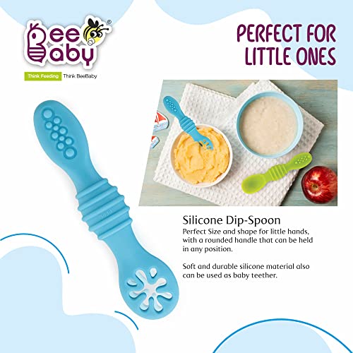 Image of BeeBaby Smushee Silicone Spoon for Baby 6 to 12 Months, Self Feeding Baby Spoon, Soft Silicone Baby Led Weaning Utensils, BPA Free First Stage Weaning Set for Infants, Pack of 2, Blue & Green