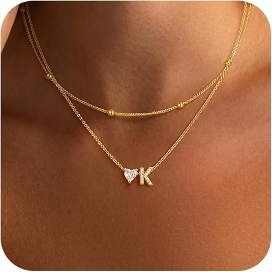 Initial Heart Necklaces for Women - Dainty Cute Necklace Small Layered 14K Gold Plated A-Z Letter CZ Pendant Trendy Satellite Chain Necklaces for Women Non Tarnish Gold Jewelry Set Gift