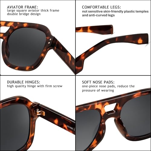 Image of FEISEDY Vintage Aviator Sunglasses Double Bridge Women Men Large Square Thick Frame Trendy Eyewear UV400 B2846