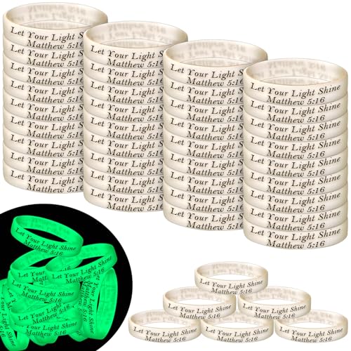 Chitidr 100 Pcs 8'' Christian Bracelets Let Your Light Shine Matthew 5: 16 Bible Verse Christian Wristbands Glow in the Dark Silicone Bracelets Bulk Inspirational Scripture Trunk Or Treat Party Favors